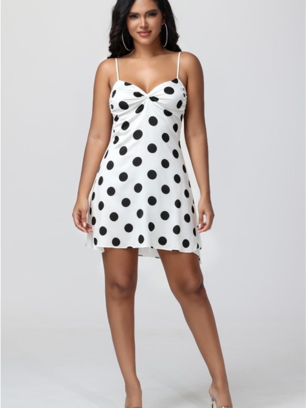 Polka Dot Satin Slip Dress - White with Black Dots
